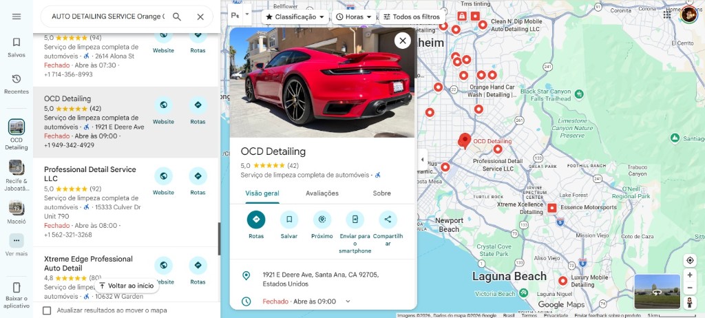 Resultados de busca no Google Maps mostrando o pacote local de 3 empresas, com uma empresa em destaque no topo.
