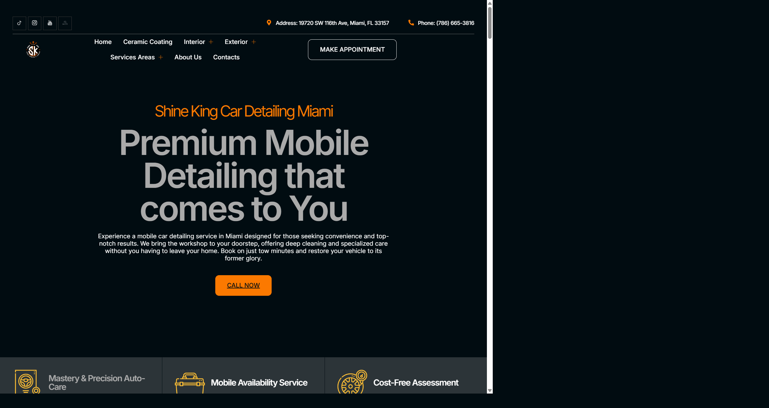Site da Shine King Car Detailing — uma estética automotiva móvel em Miami.